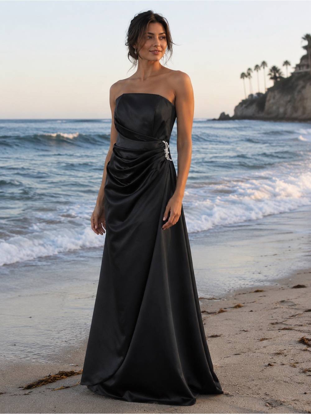 David's Bridal Black Strapless Evening Dress with Side Brooch